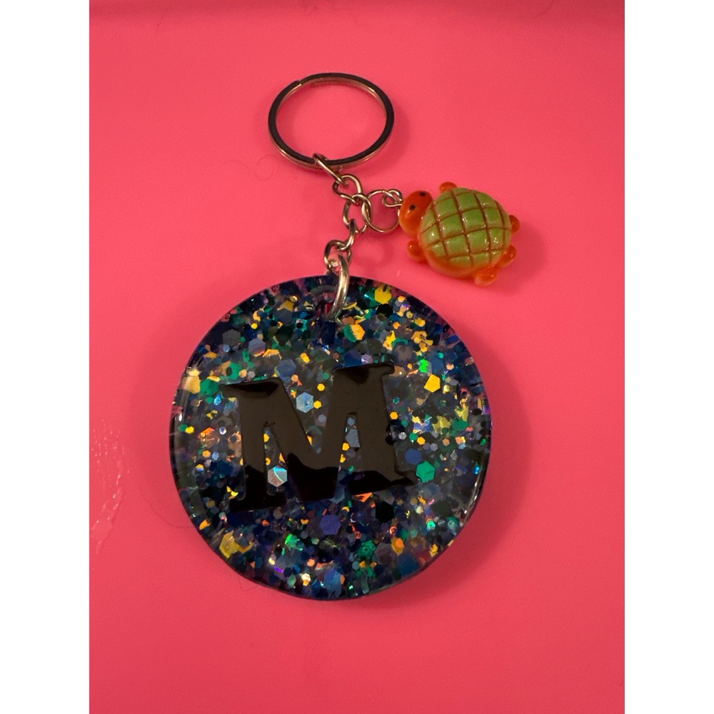 Handmade Initial M Resin Keychain Blue Glitter Holographic with Turtle Charm